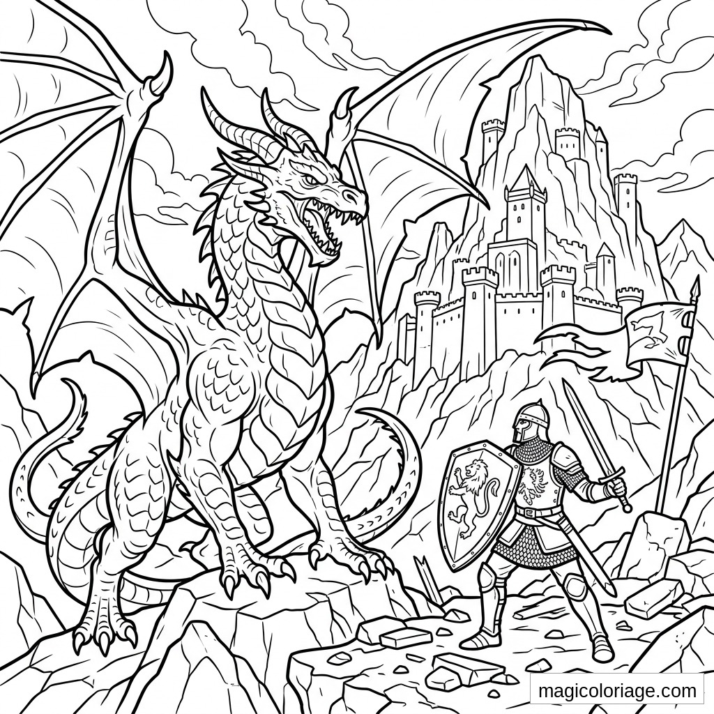 Coloriage heroic fantasy avec dragon, chevalier à l’épée, château fort et montagnes