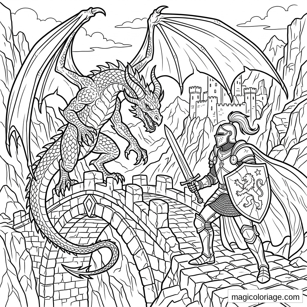 Coloriage heroic fantasy avec dragon, chevalier, château et pont de pierre dans les montagnes