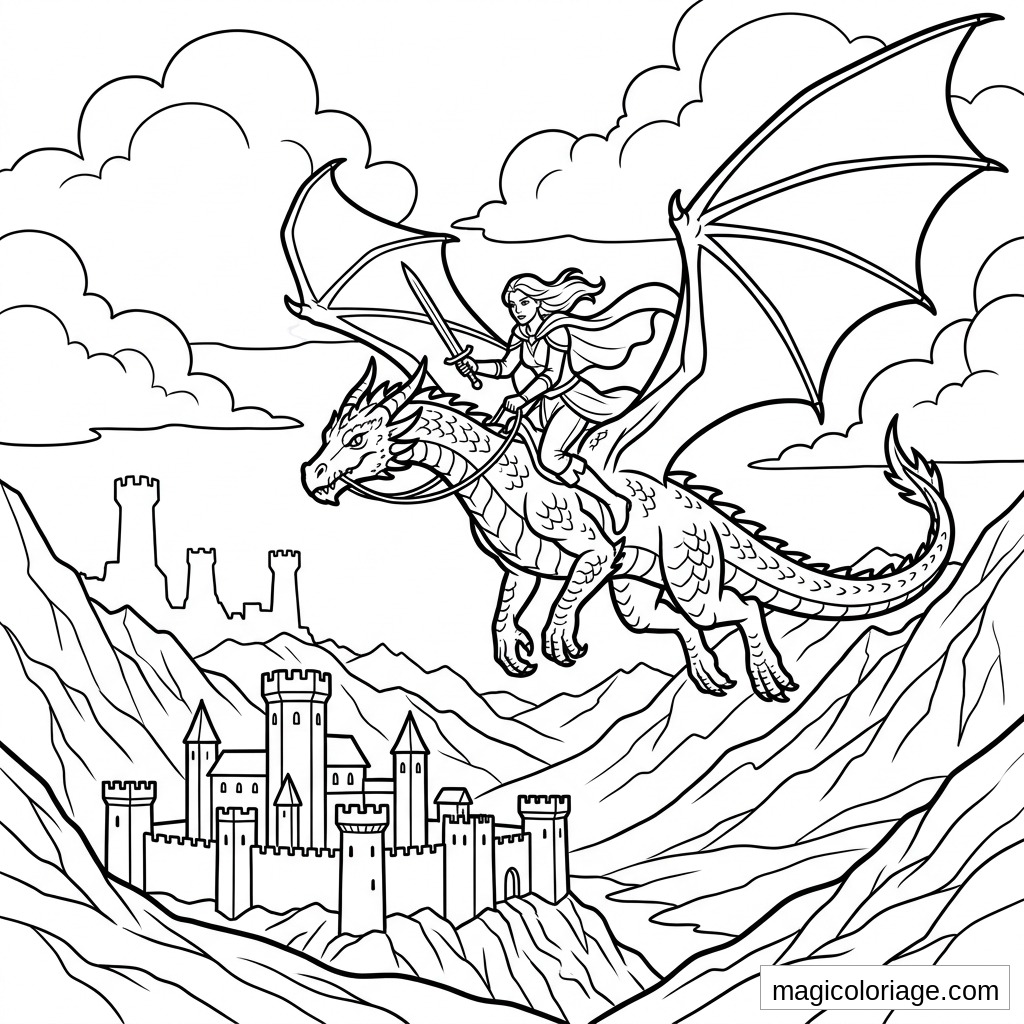 Coloriage heroic fantasy avec guerrière à l'épée sur un dragon au-dessus d'un château et de montagnes