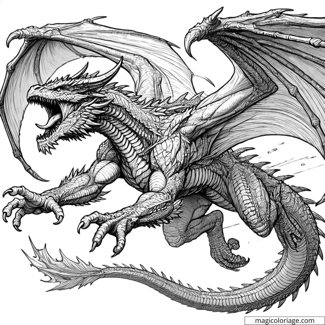 Coloriage à imprimer d'un dragon en vol, avec des détails réalistes sur ses écailles et ses griffes acérées.