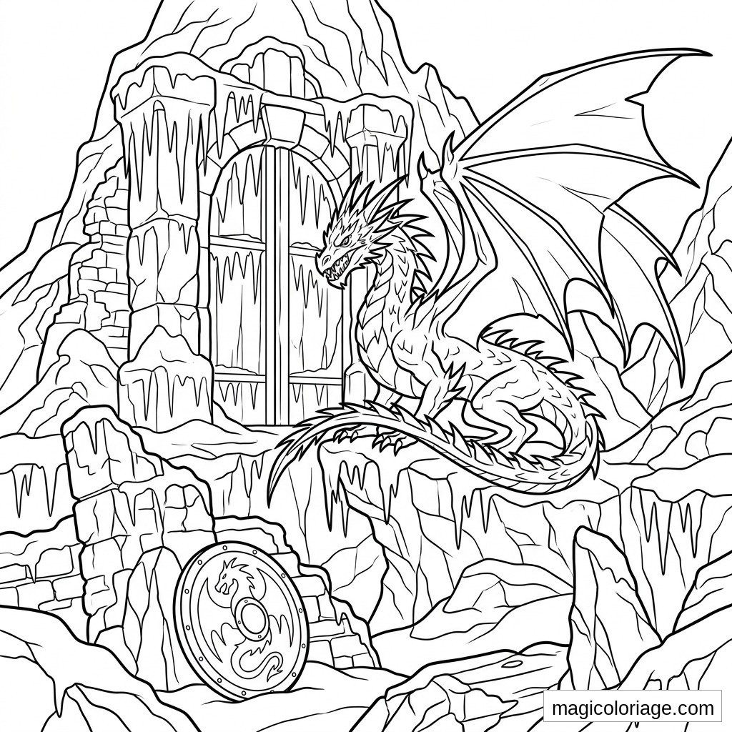 Coloriage dragon heroic fantasy devant une porte de forteresse glacée dans la montagne