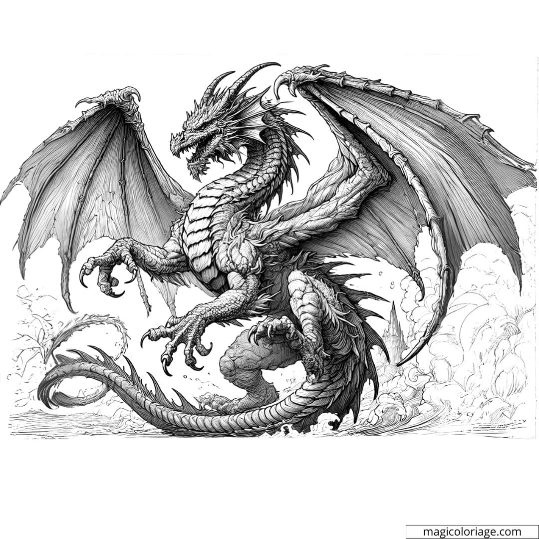 Coloriage à imprimer d'un dragon puissant, avec des écailles détaillées et des griffes acérées, style réaliste.