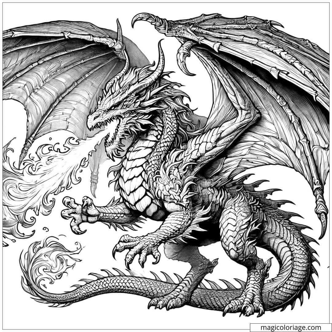 Coloriage à imprimer d'un dragon puissant, avec des écailles détaillées et des griffes acérées, style réaliste.
