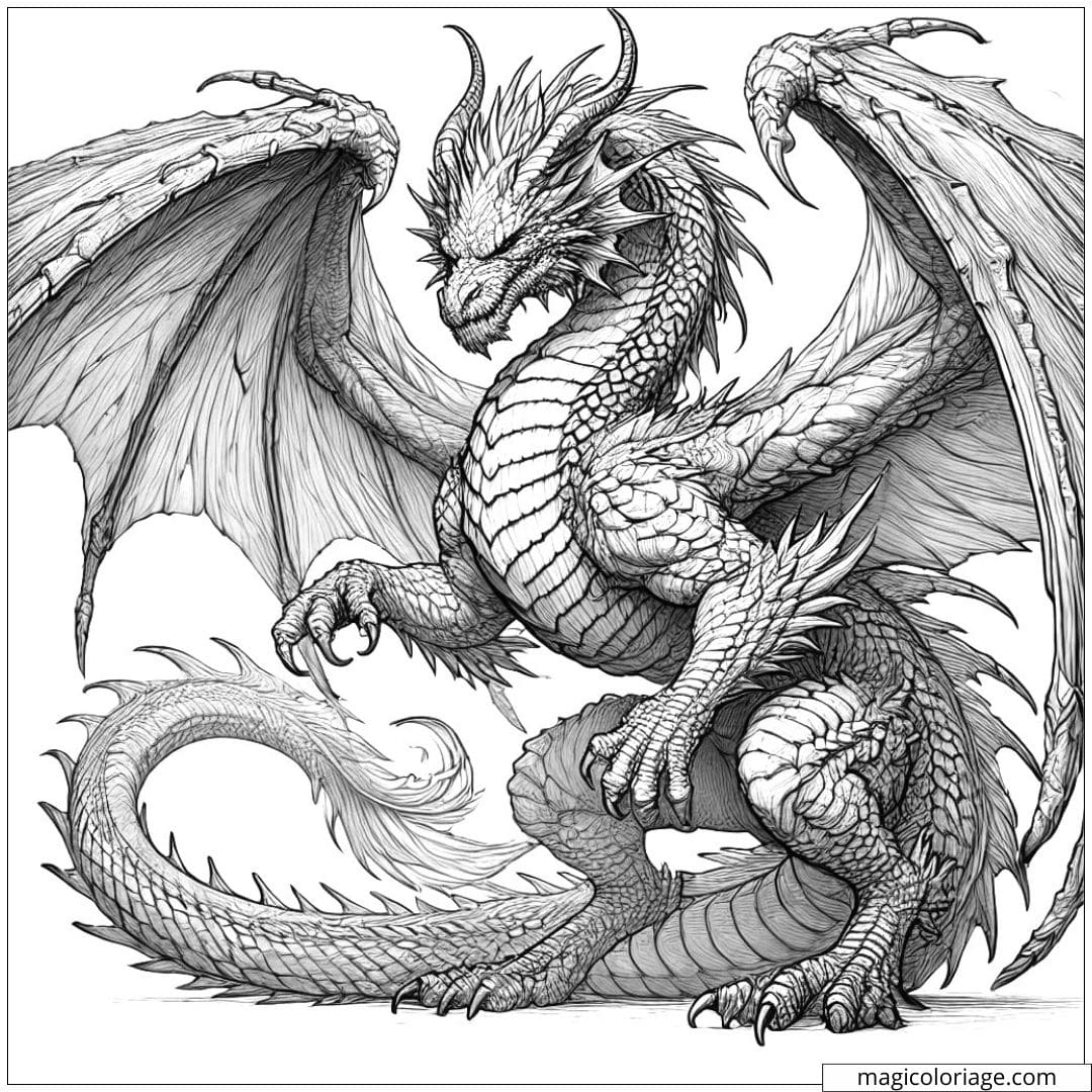 Coloriage à imprimer d'un dragon imposant, prêt à attaquer, avec des écailles détaillées, style réaliste.