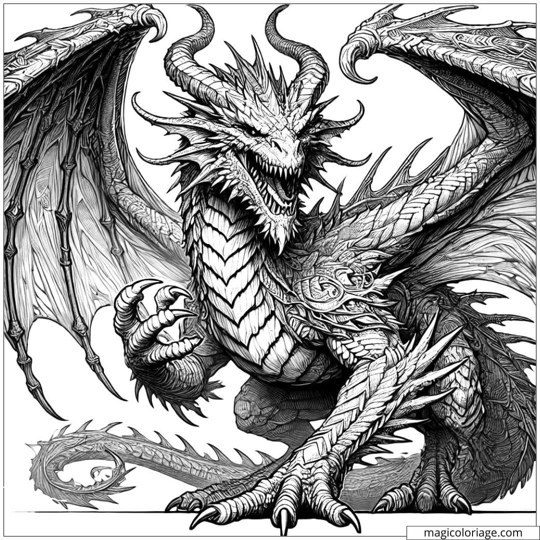 Coloriage à imprimer d'un dragon en position d'envol, avec ses ailes déployées et ses griffes acérées, style réaliste.