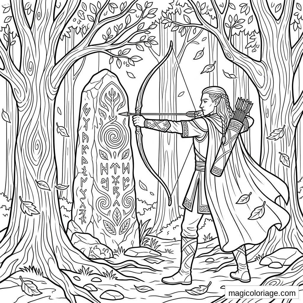 Coloriage heroic fantasy elfe archer visant une stèle runique dans une forêt magique