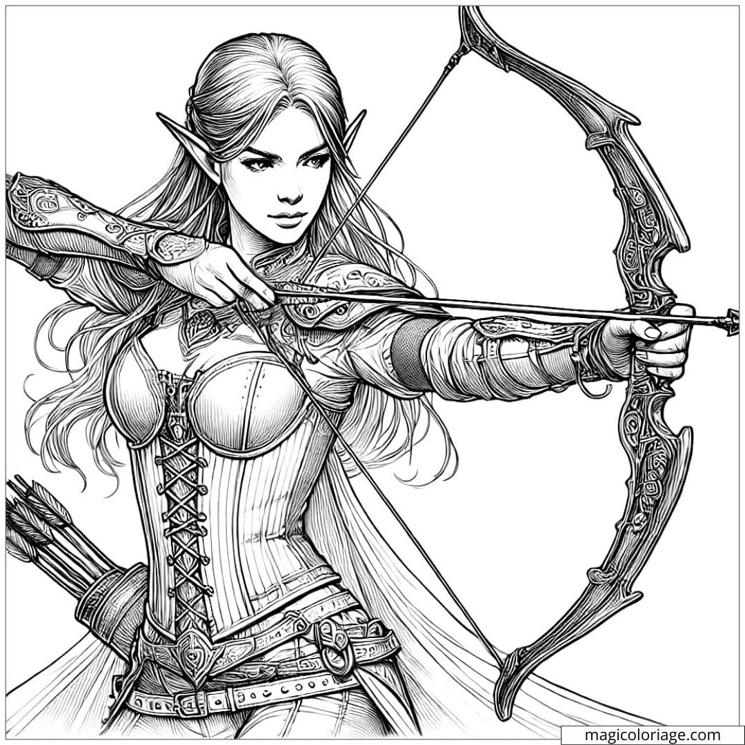 Coloriage à imprimer d'une elfe archère, tirant une flèche avec précision, style réaliste.
