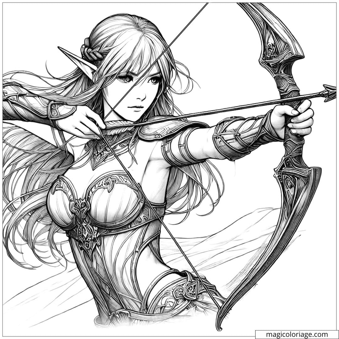 Coloriage à imprimer d'une elfe archère, tirant une flèche avec précision, style réaliste.