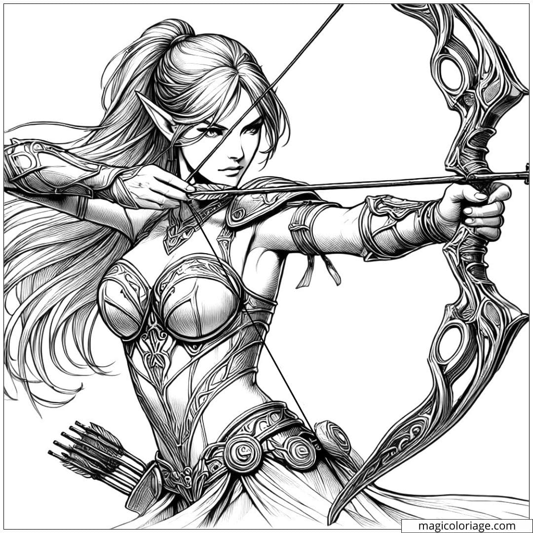 Coloriage à imprimer d'une elfe archère, tirant une flèche avec précision, style réaliste.