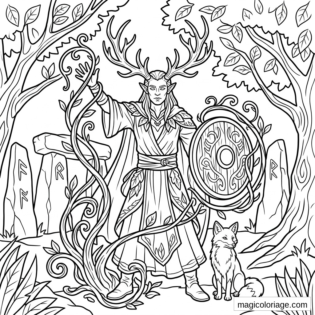 Coloriage heroic fantasy d’un elfe cerf avec bâton magique, bouclier, runes et renard en forêt