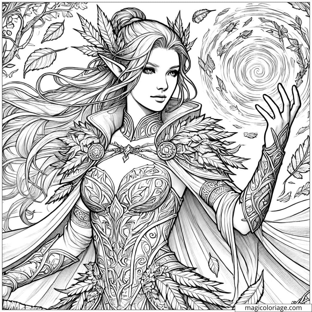 Coloriage à imprimer d'une elfe druide, entourée de feuilles et de vignes, style réaliste.