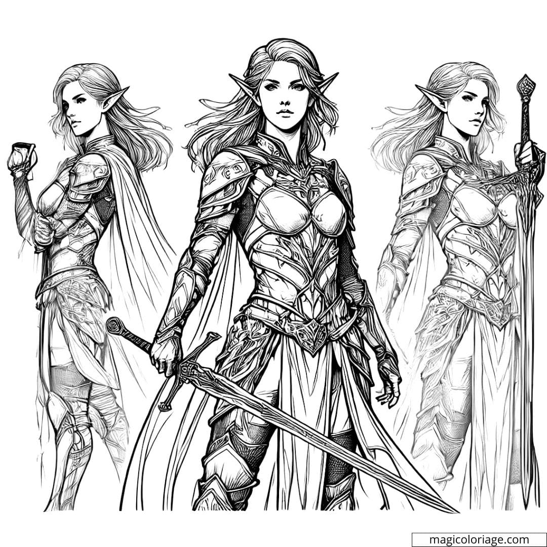 Coloriage à imprimer d'une elfe guerrière, tenant une épée, style réaliste.