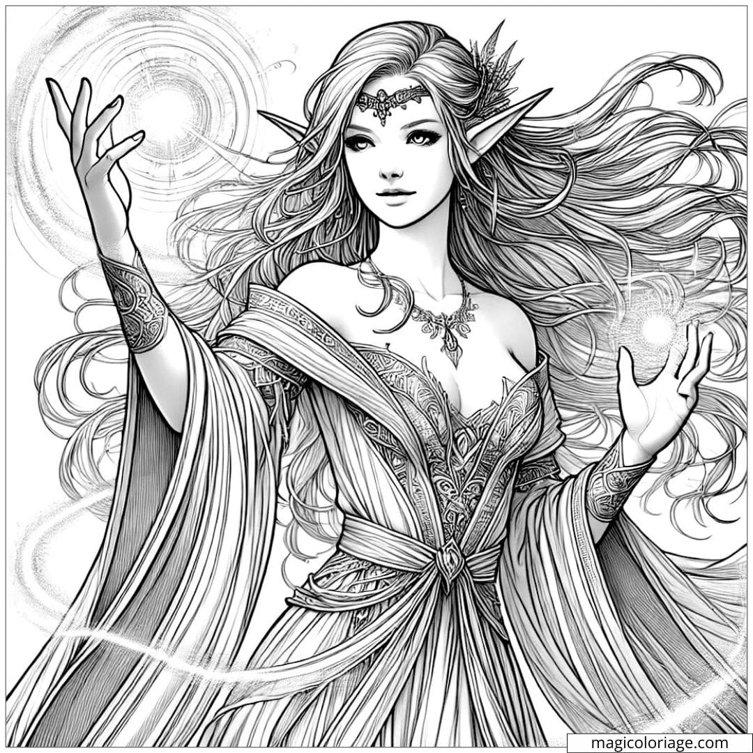 Page de coloriage montrant une elfe mage en pleine incantation, idéale pour les passionnés de magie.