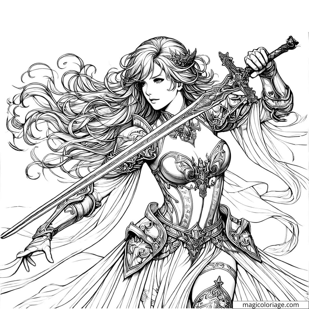 Coloriage à imprimer d'une femme guerrière tenant une épée, style épique et réaliste.