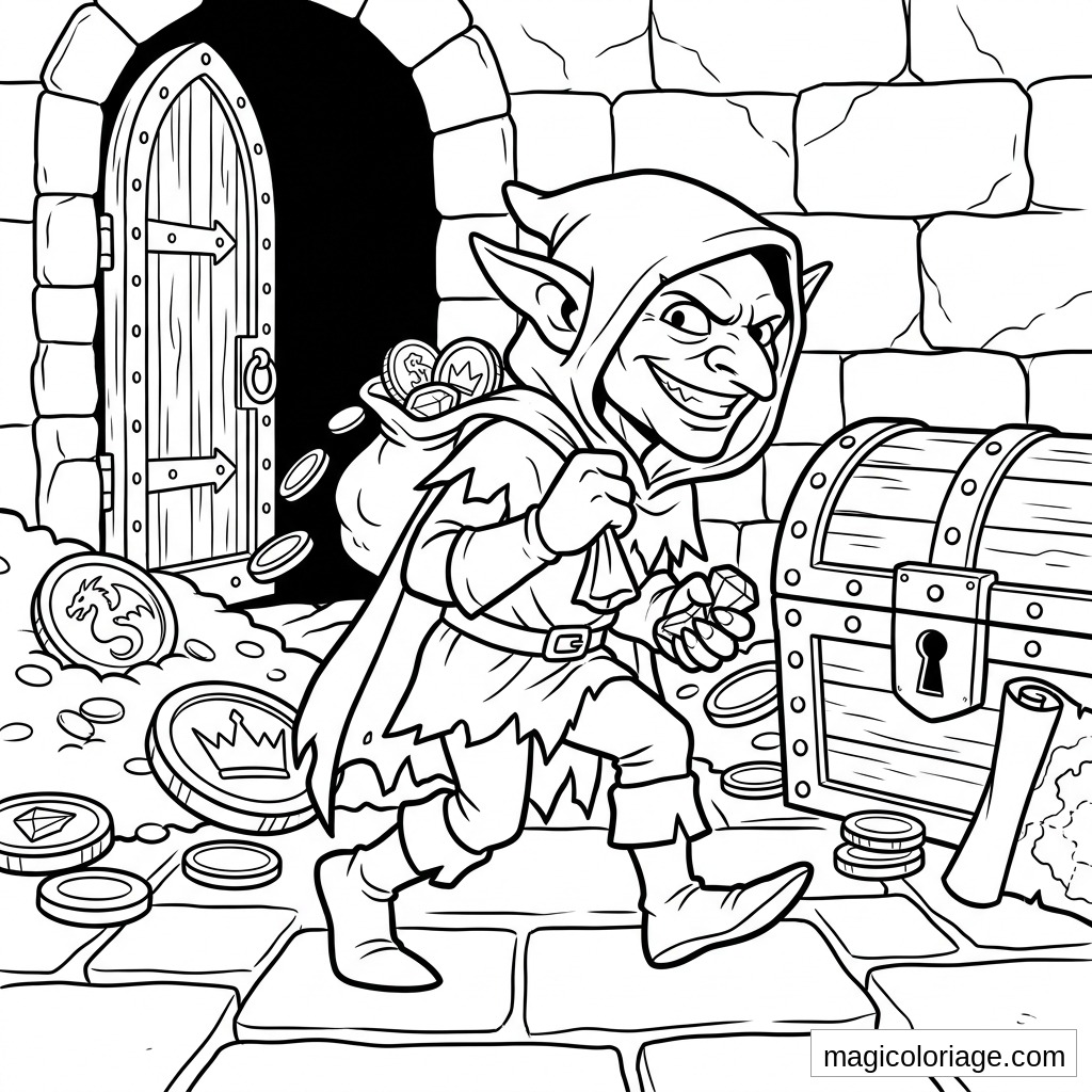 Coloriage heroic fantasy gobelin voleur avec coffre au trésor, pièces d’or, gemme et porte de donjon