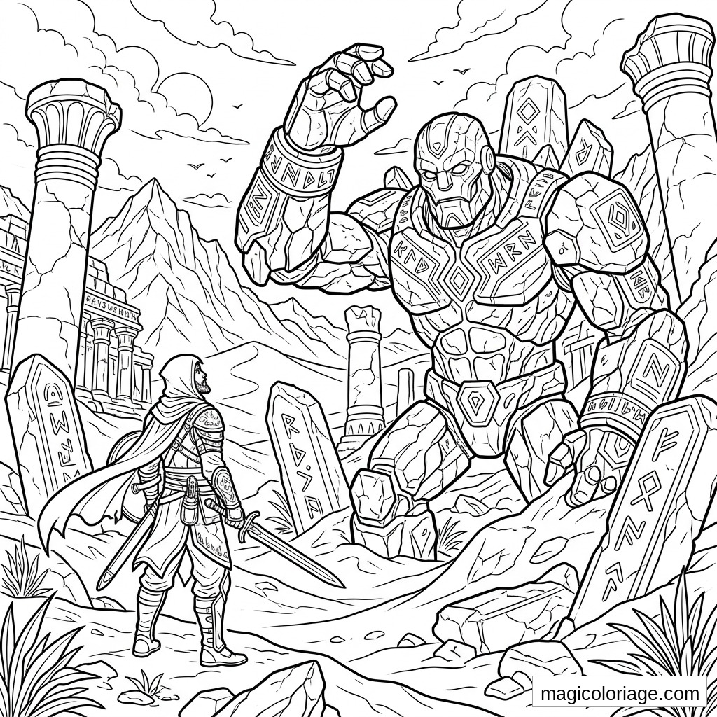 Coloriage heroic fantasy avec guerrier encapuchonné face à un golem runique dans des ruines antiques