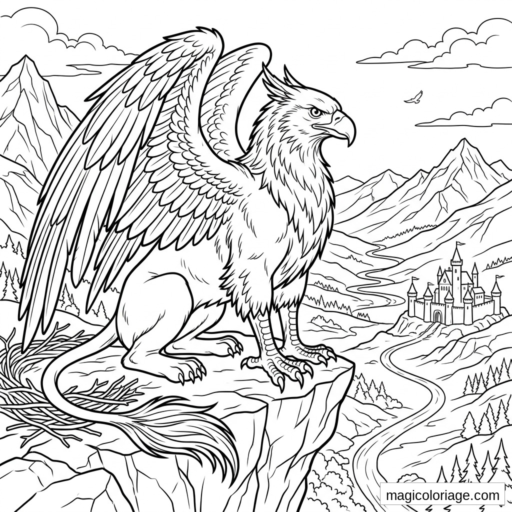 Coloriage griffon heroic fantasy sur falaise avec château fort, montagnes, rivière et ailes déployées