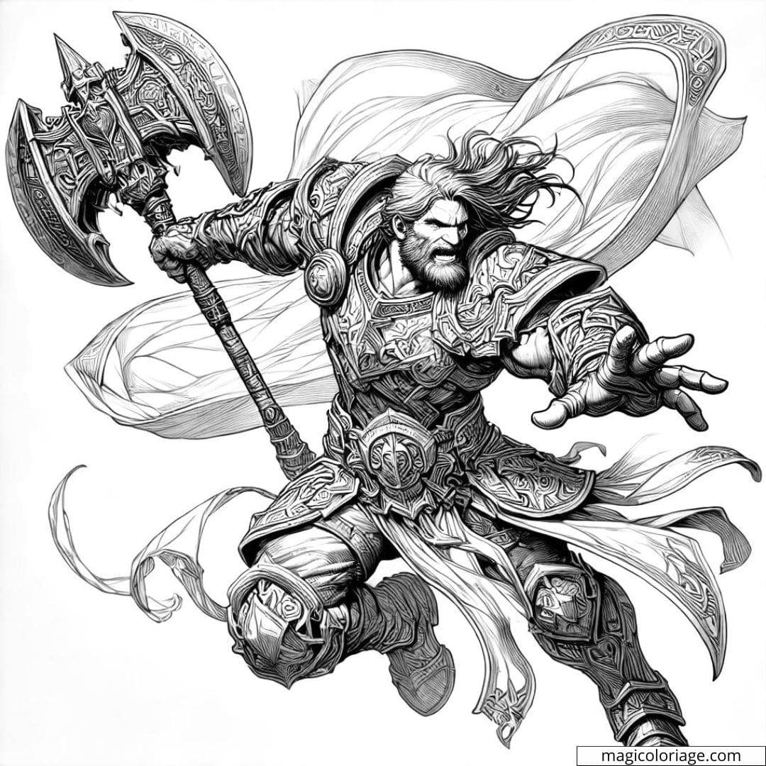 Coloriage à imprimer d'un homme guerrier avec une hache de bataille, style épique et réaliste.