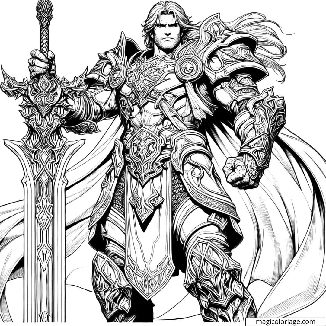 Coloriage à imprimer d'un guerrier héroïque en armure, tenant une épée imposante, style réaliste.