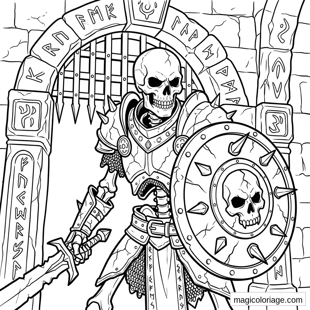 Coloriage heroic fantasy guerrier squelette en armure avec bouclier crâne, épée et porte runique