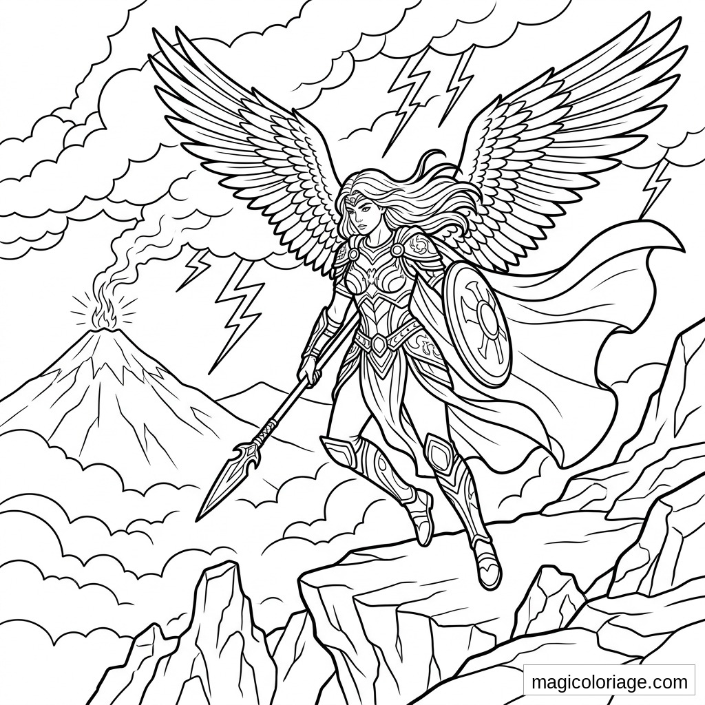 Coloriage heroic fantasy d’une guerrière ailée avec lance, bouclier, volcan, éclairs et montagnes