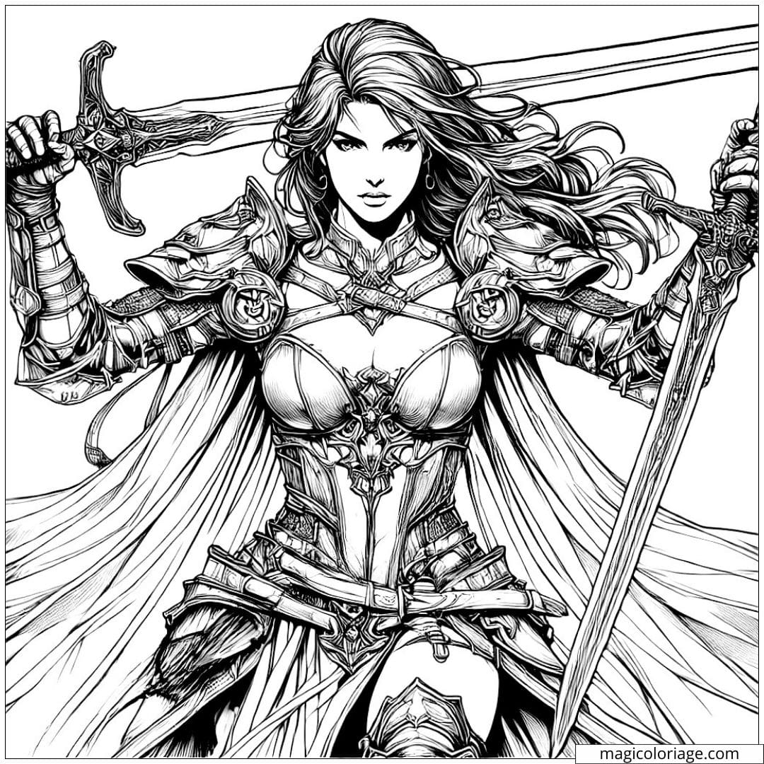 Coloriage à imprimer d'une guerrière en armure, prête au combat, avec deux épées, style réaliste.