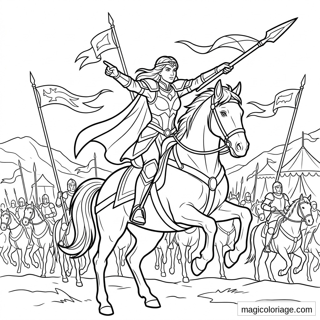 Coloriage heroic fantasy d’une guerrière à cheval menant une armée avec lances, bannières et campement