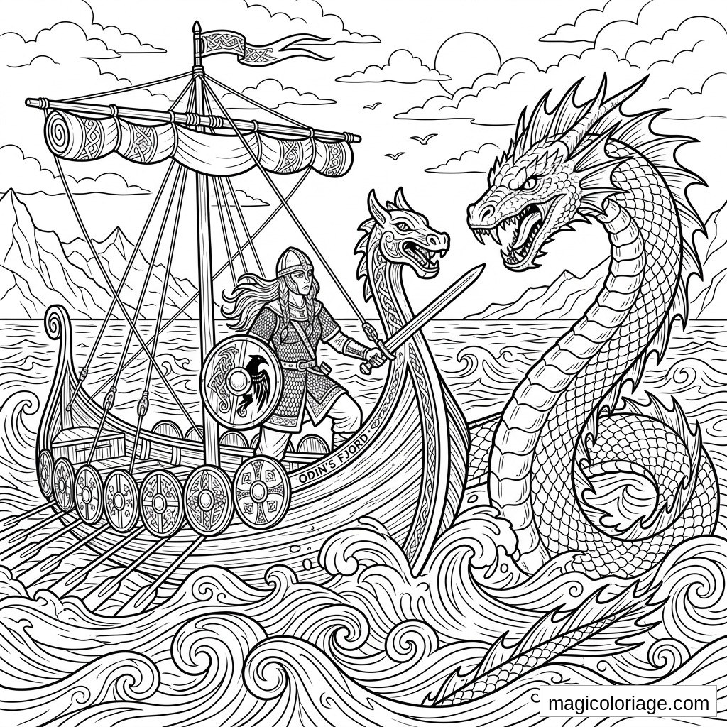 Coloriage heroic fantasy avec guerrière viking sur drakkar affrontant un serpent de mer