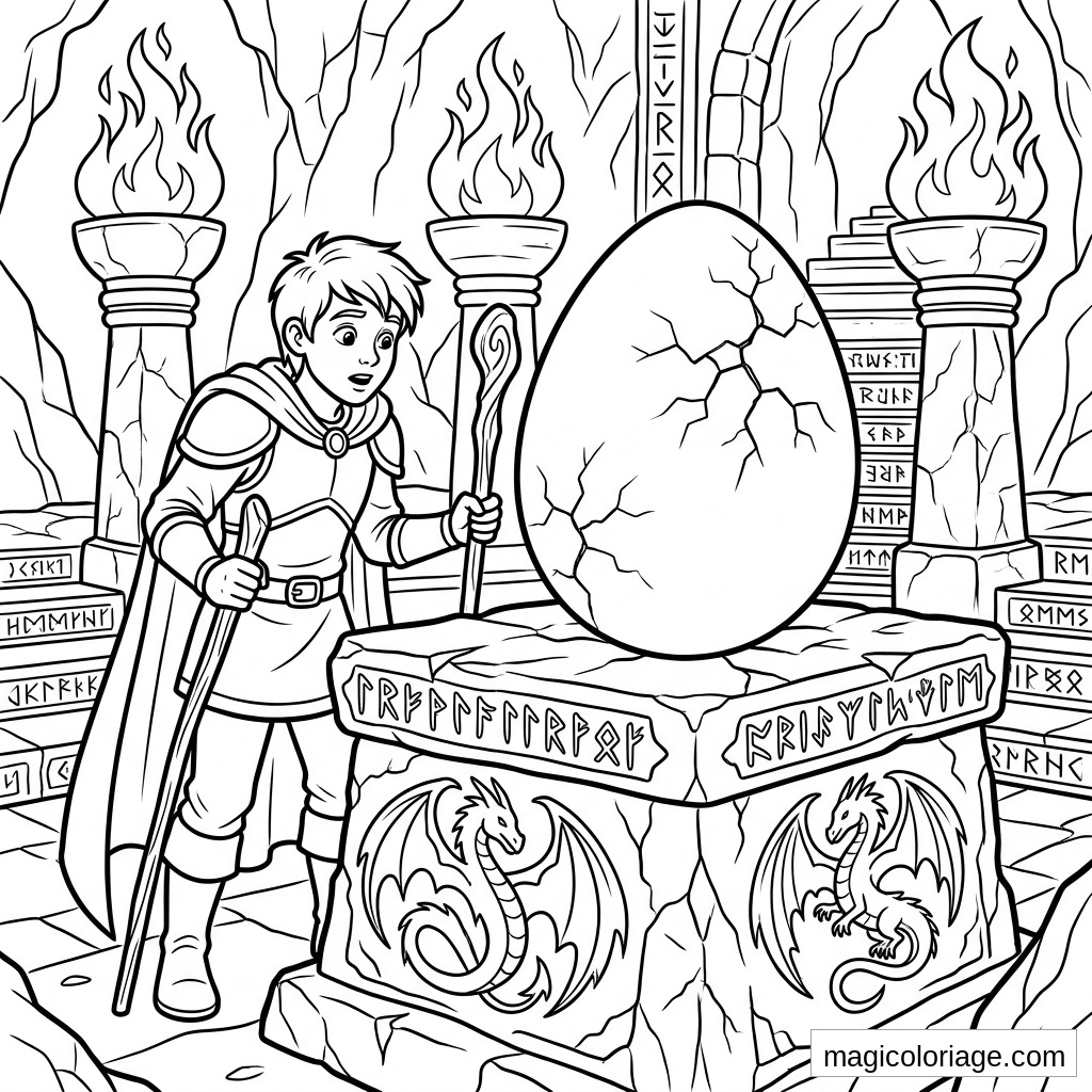 Coloriage heroic fantasy avec jeune héros, œuf de dragon fissuré, runes et torches dans une caverne