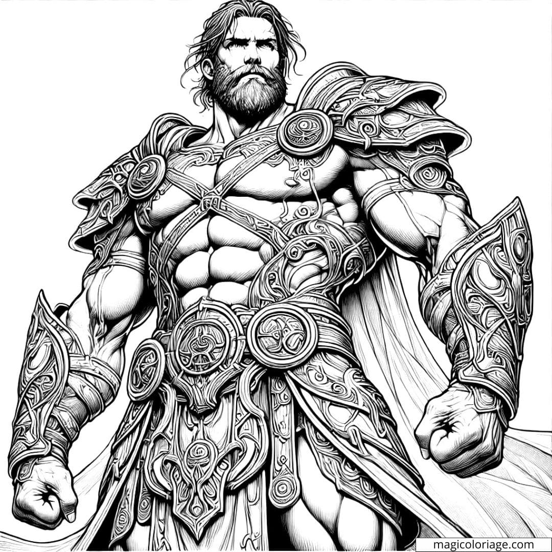 Coloriage à imprimer d'un homme héroïque en armure détaillée, style réaliste.