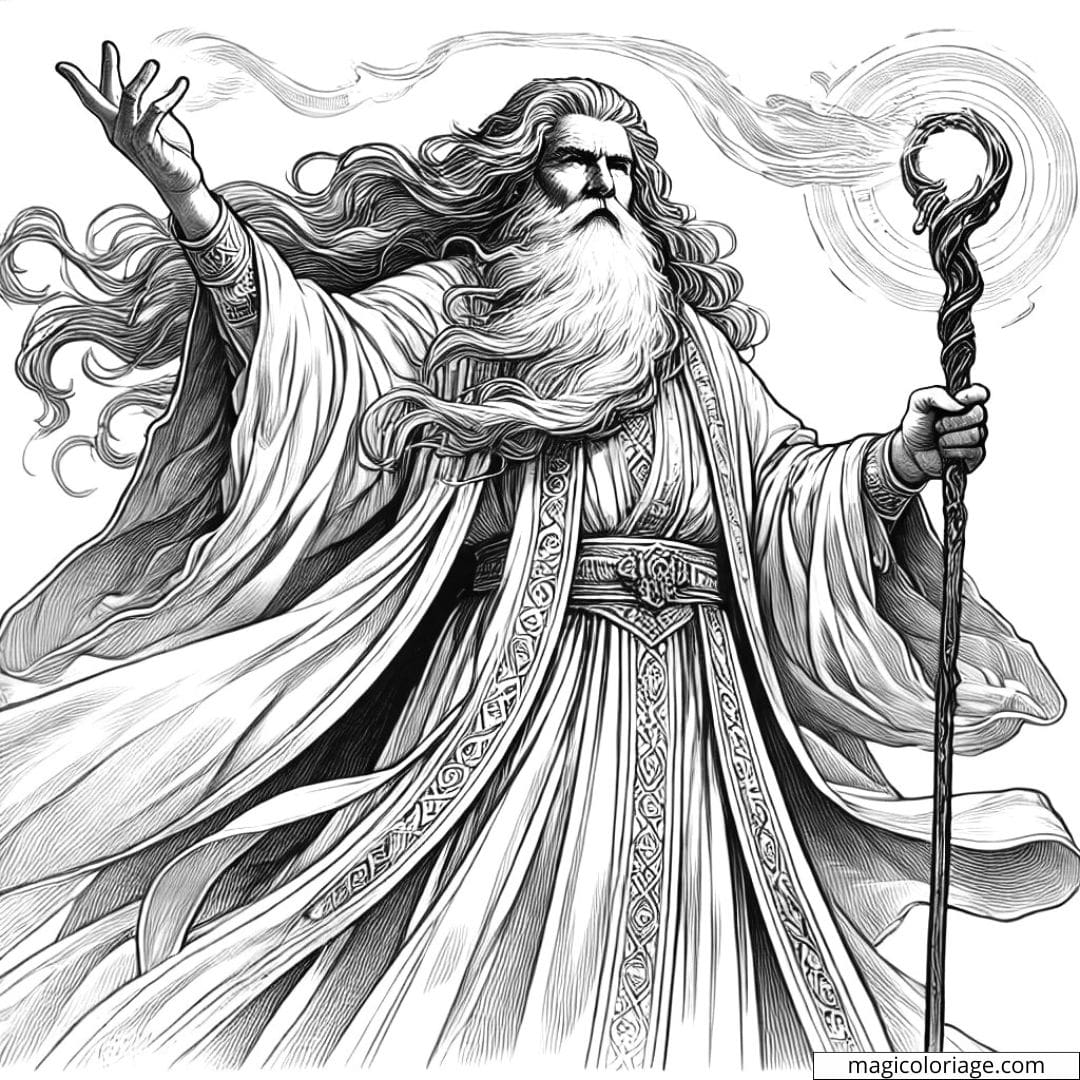 Coloriage à imprimer d'un magicien avec un bâton, lançant un sort, en style épique et réaliste.