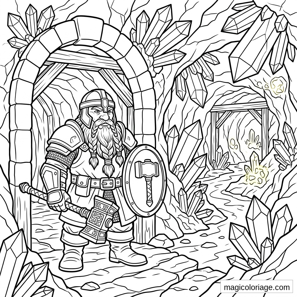 Coloriage heroic fantasy d’un nain guerrier dans une mine de cristaux avec hache, bouclier et arche de pierre
