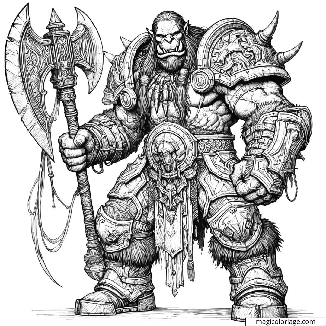 Coloriage à imprimer d'un orc guerrier, en posture de combat, avec une hache puissante, style réaliste.
