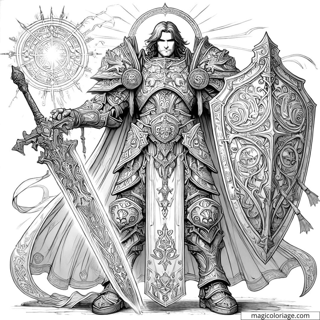 Coloriage à imprimer d'un paladin en armure, tenant une épée et un bouclier, style réaliste.