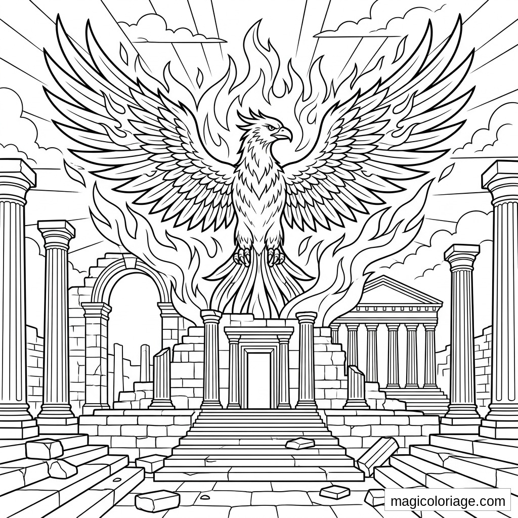 Coloriage phénix heroic fantasy dans des ruines antiques avec flammes, colonnes et temple