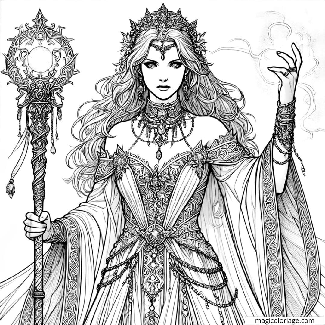 Coloriage à imprimer d'une sorcière héroïque, tenant un bâton magique, en style épique et réaliste.