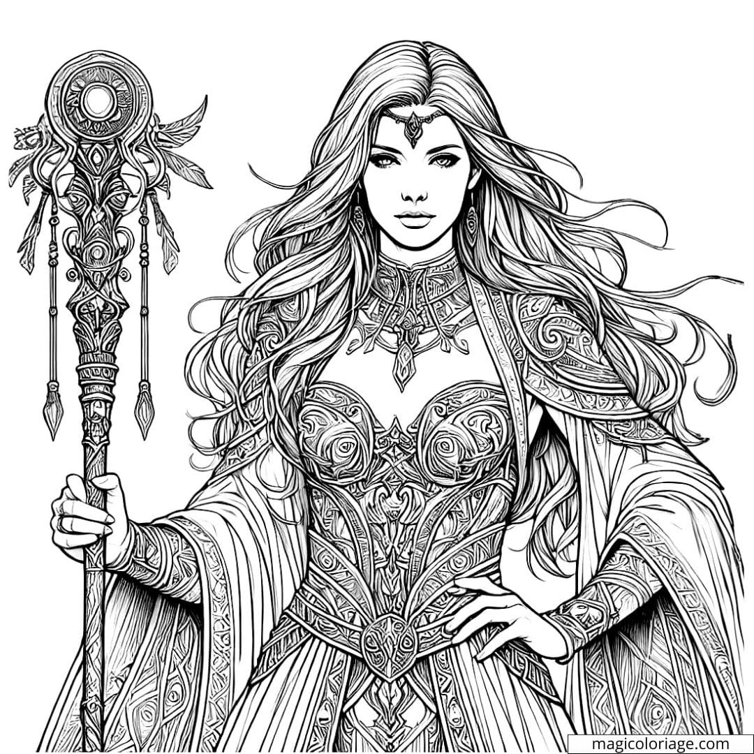 Coloriage à imprimer d'une sorcière avec un bâton magique, pleine de sagesse et de pouvoir.