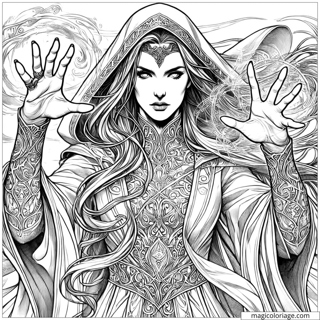 Coloriage à imprimer d'une sorcière héroïque, lançant un sort, avec des robes détaillées, style réaliste.