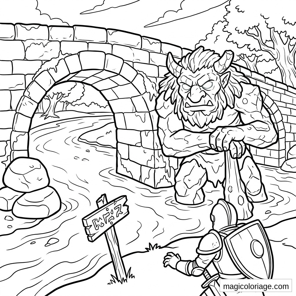 Coloriage heroic fantasy avec troll cornu sous un pont de pierre face à un chevalier