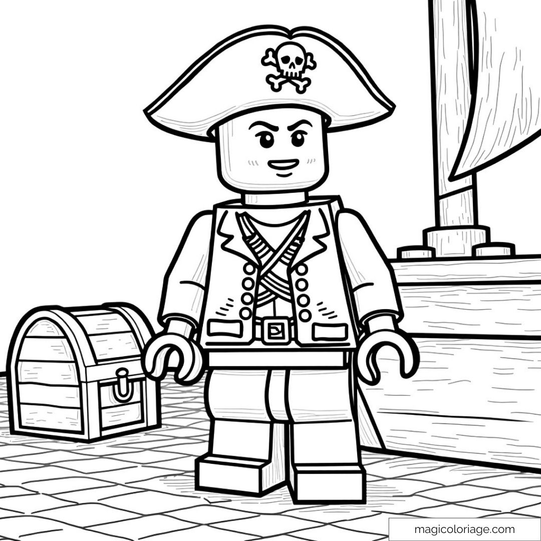 Coloriage LEGO pirate avec coffre au trésor et bateau