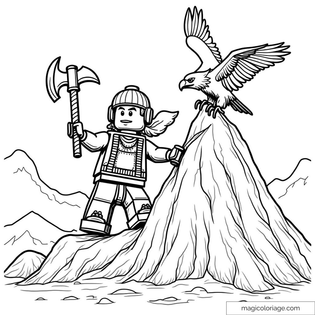 Coloriage personnage Lego avec aigle sur montagne