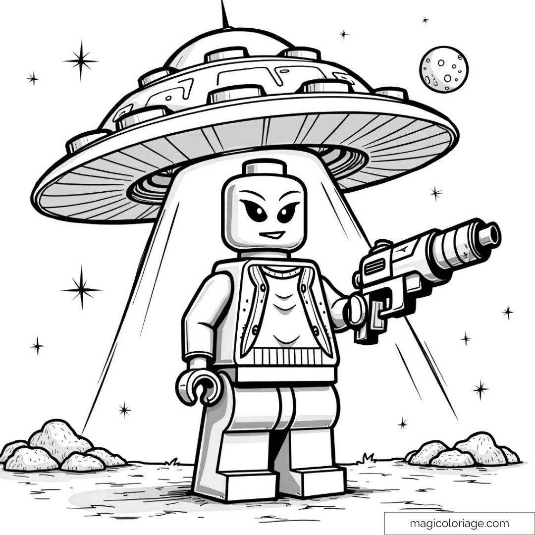 Lego personnage extraterrestre avec pistolet laser sous un OVNI