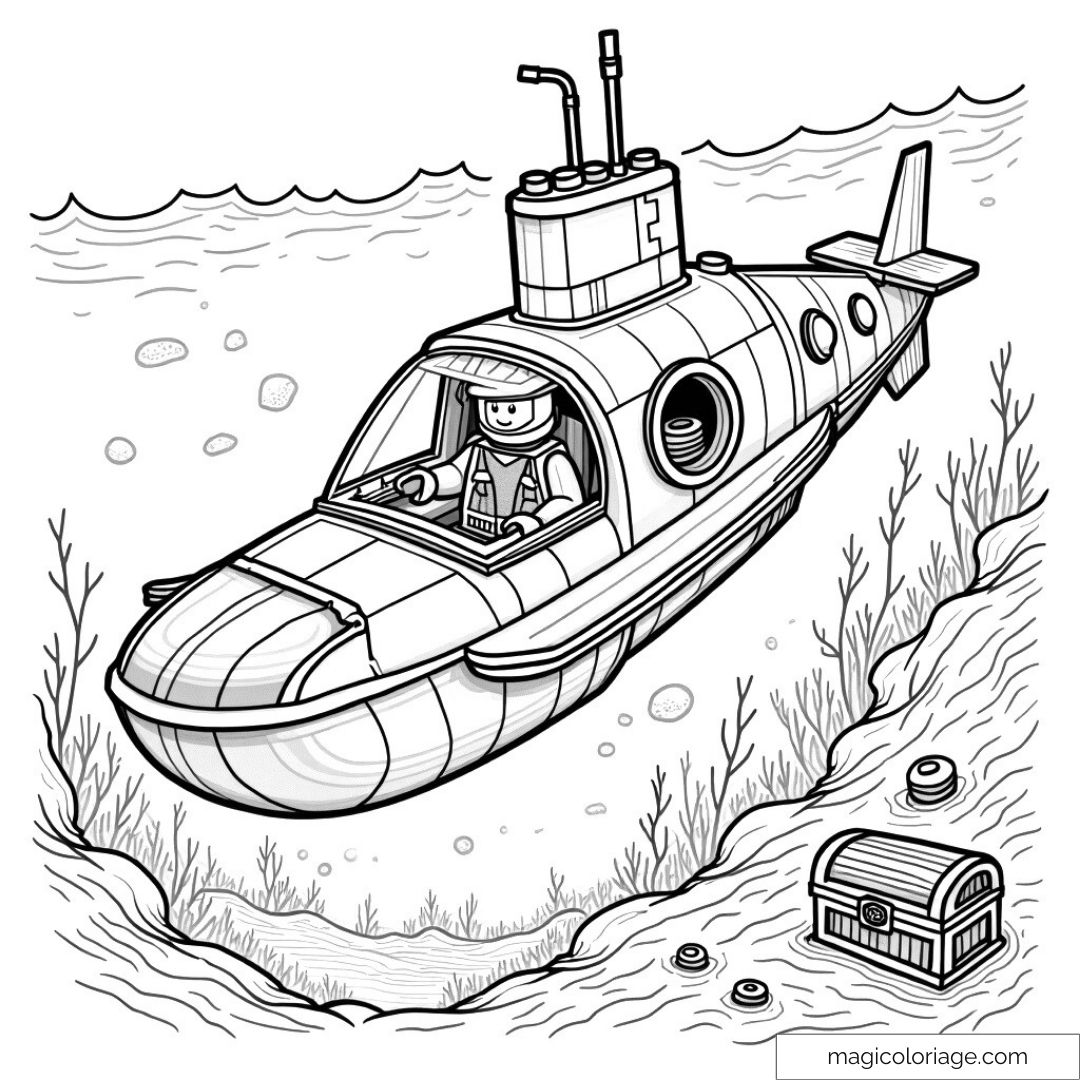 Coloriage sous-marin Lego avec trésor sous-marin