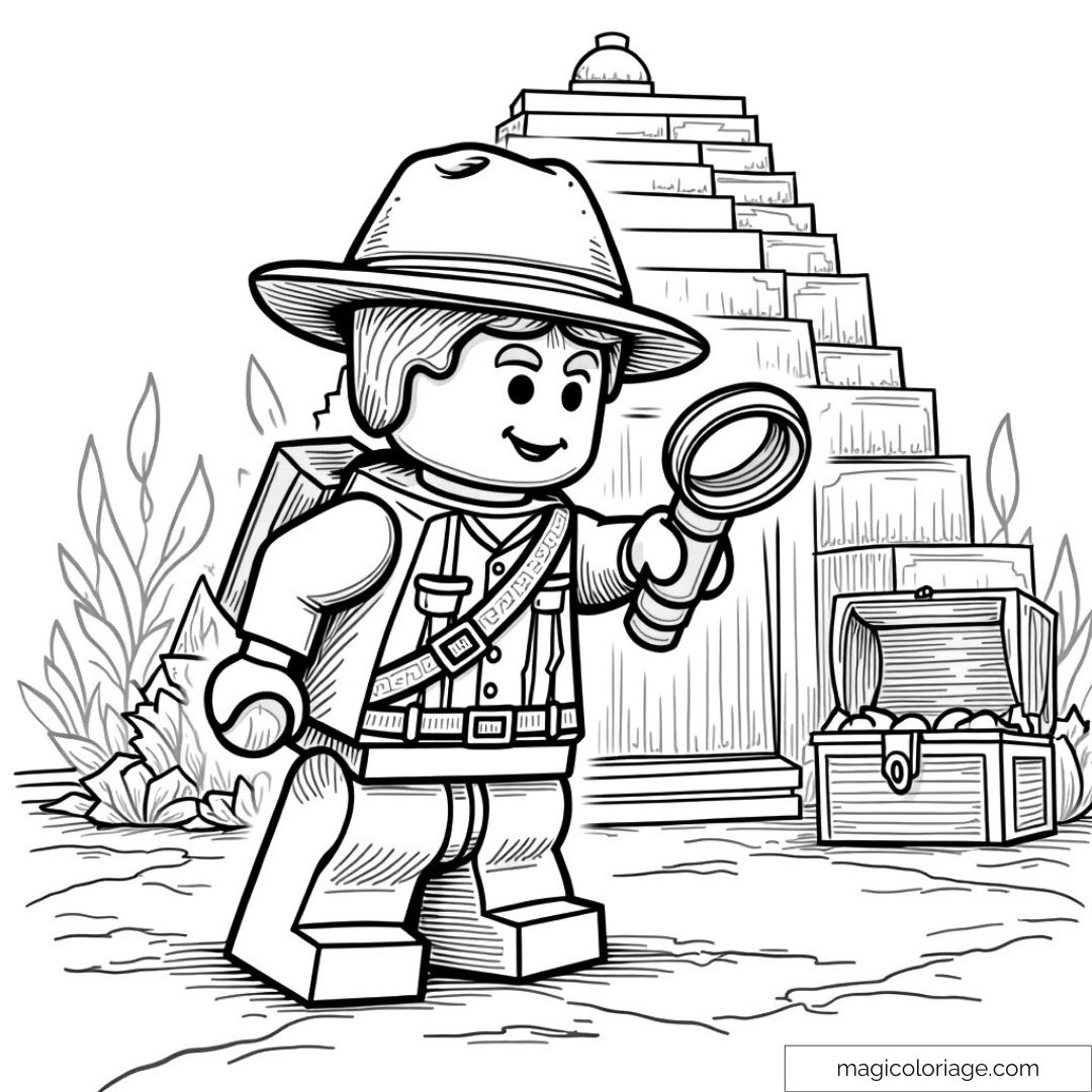Dessin LEGO aventure avec explorateur et trésor