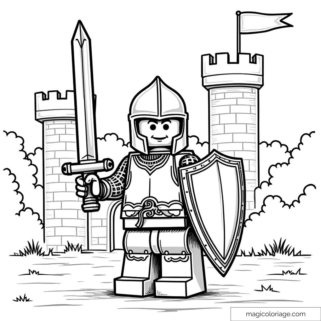 Chevalier LEGO avec épée et bouclier devant un château.