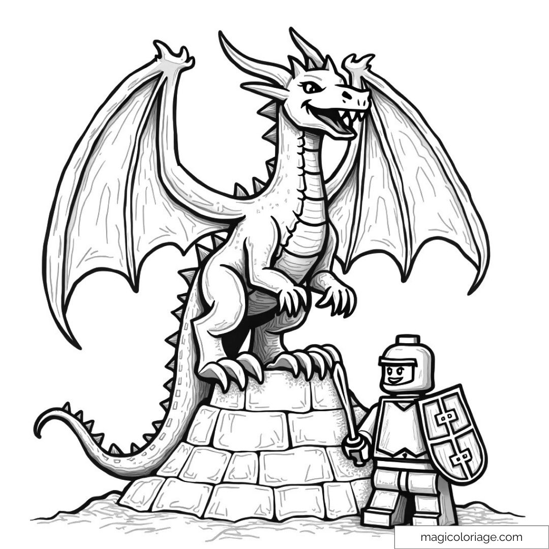 Chevalier Lego affrontant un dragon sur un rocher