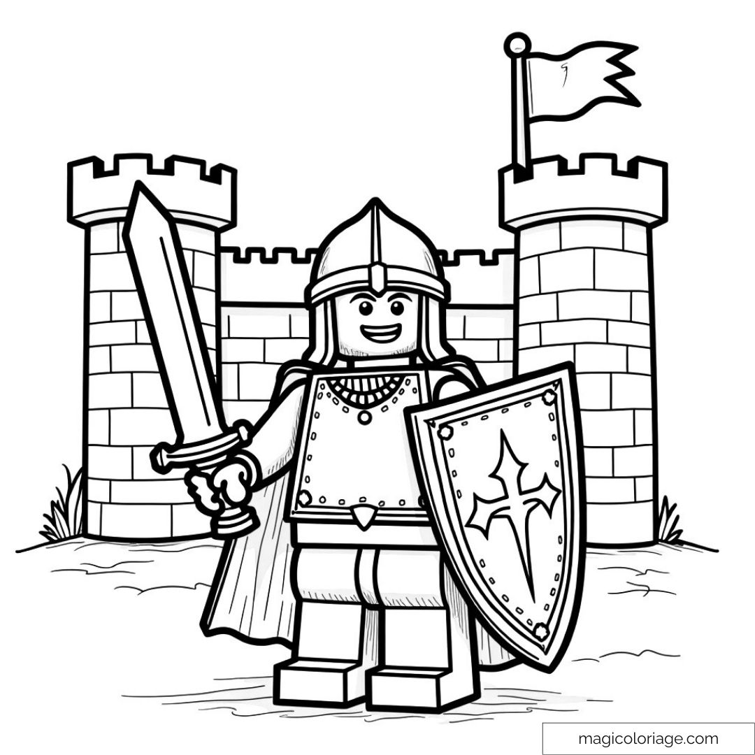 Chevalier Lego avec épée et bouclier devant un château
