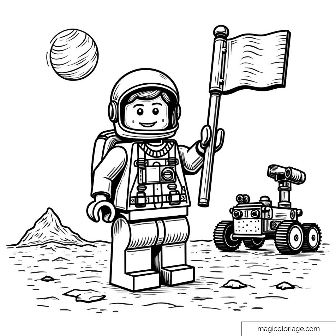 Astronaute Lego sur la Lune avec drapeau et rover à colorier.