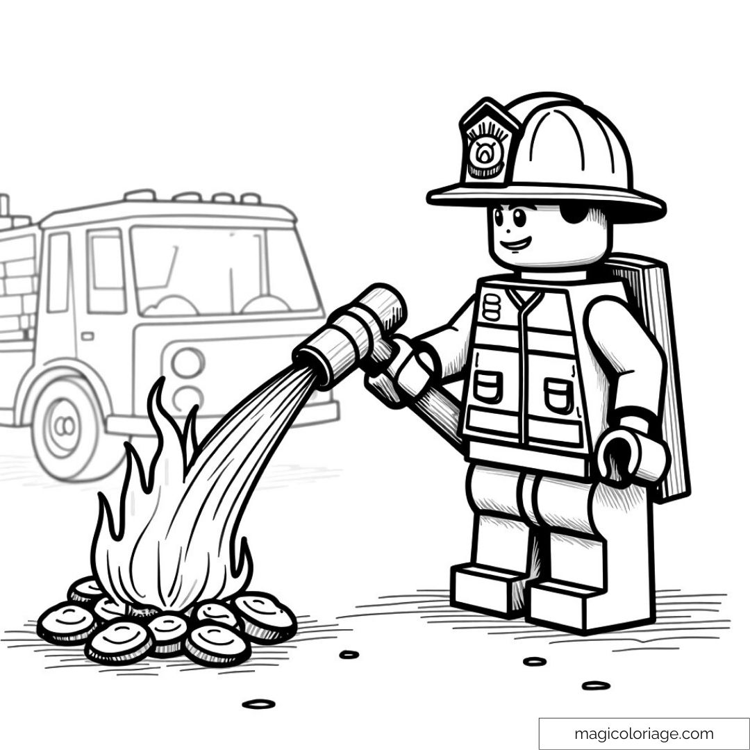 Pompier LEGO éteignant un feu avec un camion à l'arrière-plan