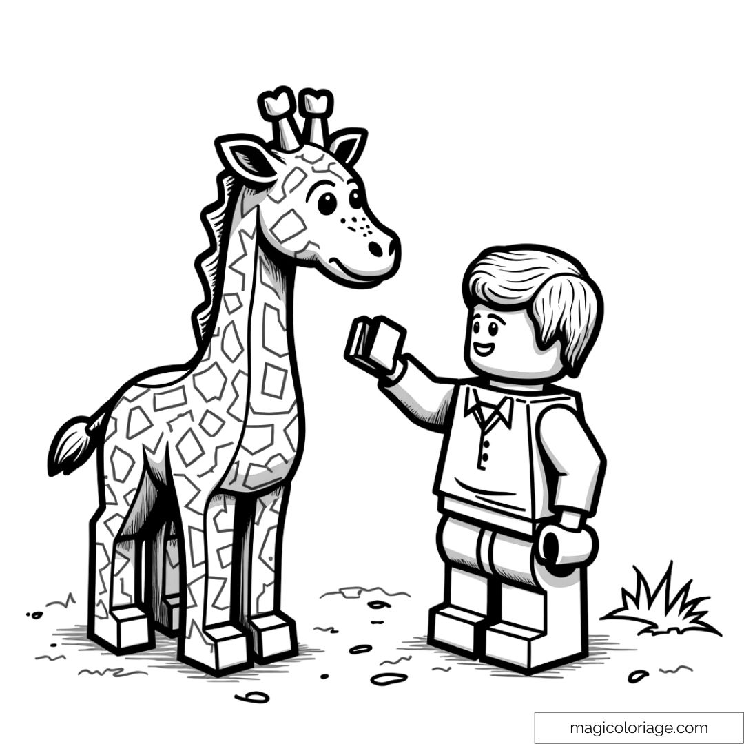 Coloriage LEGO avec garçon et girafe